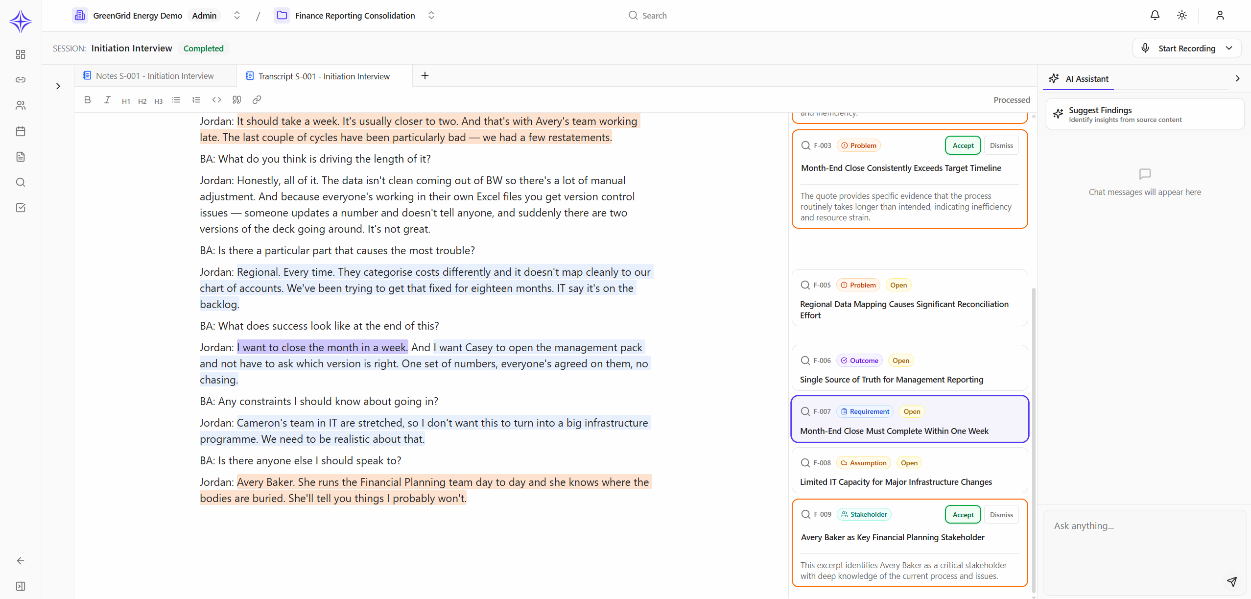 Enterwise workspace showing a project with linked findings and requirements.